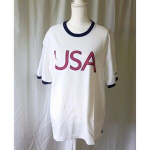 Roots USA Athens 2004 Olympic Games Ringer T-Shirt White Blue Red Mens Large